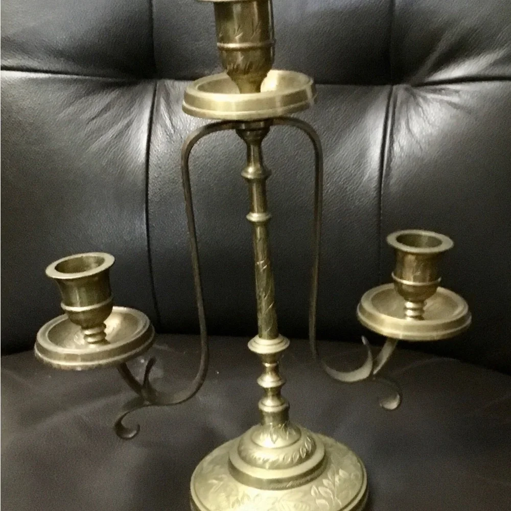 Antique Solid Brass 3-Arm Candelabra Pair from India